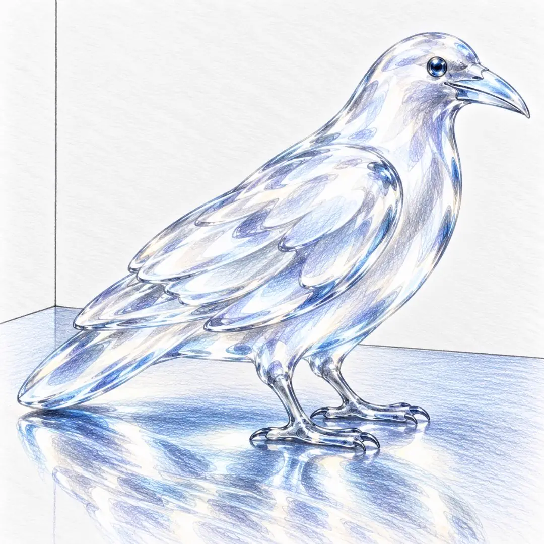 A clear glass crow drawn in colored pencil