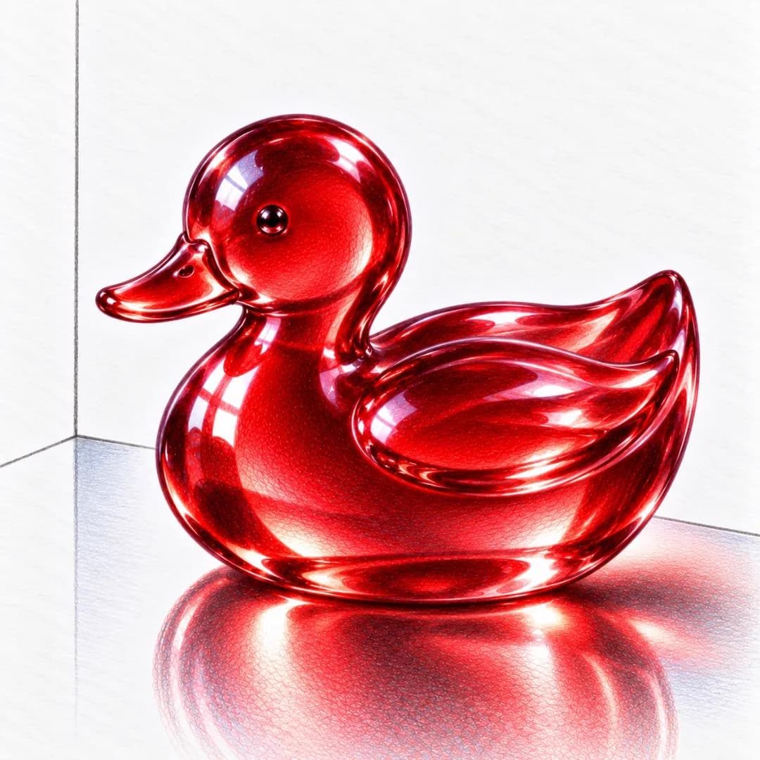 A red glass duck drawn in colored pencil