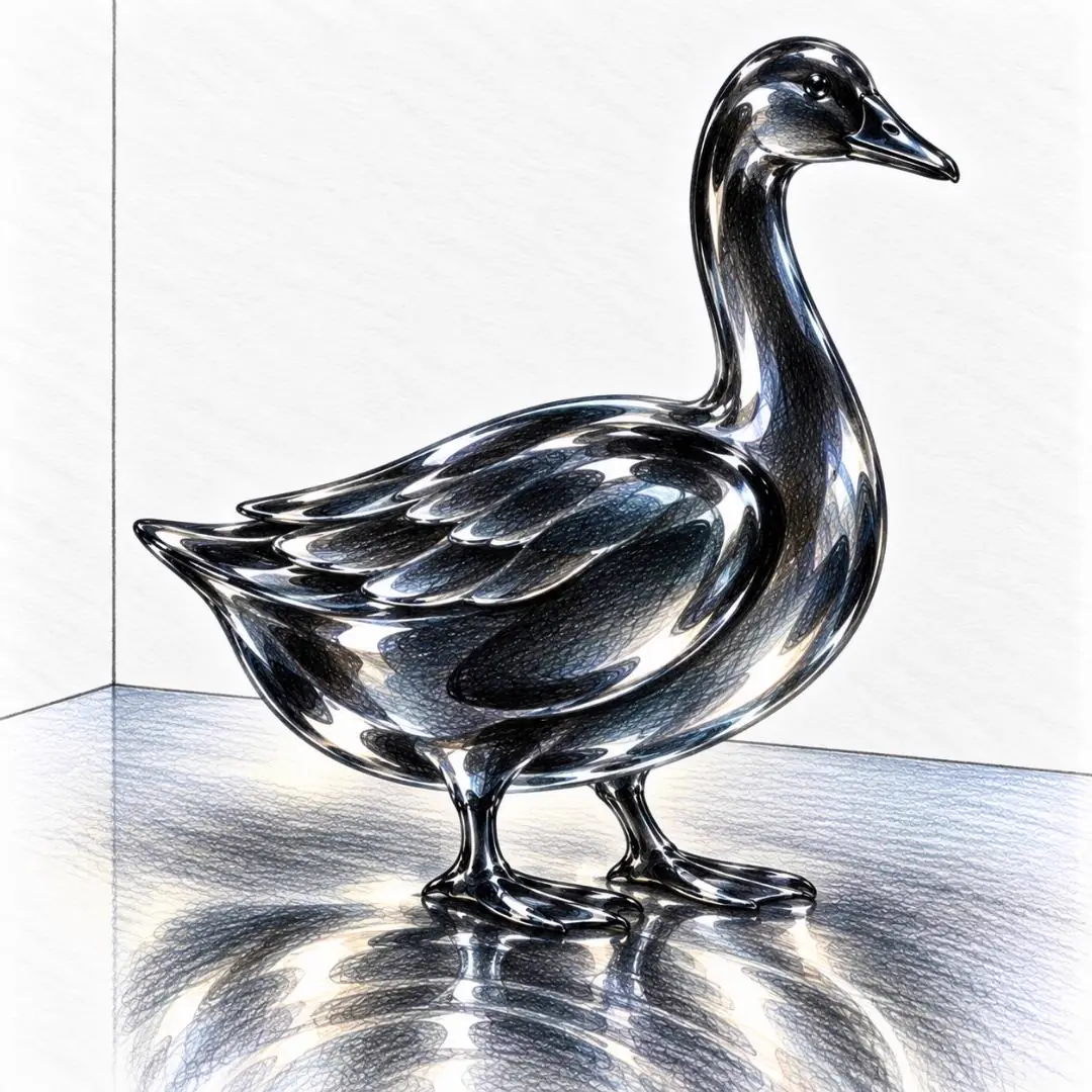 A smoke-gray glass goose drawn in colored pencil