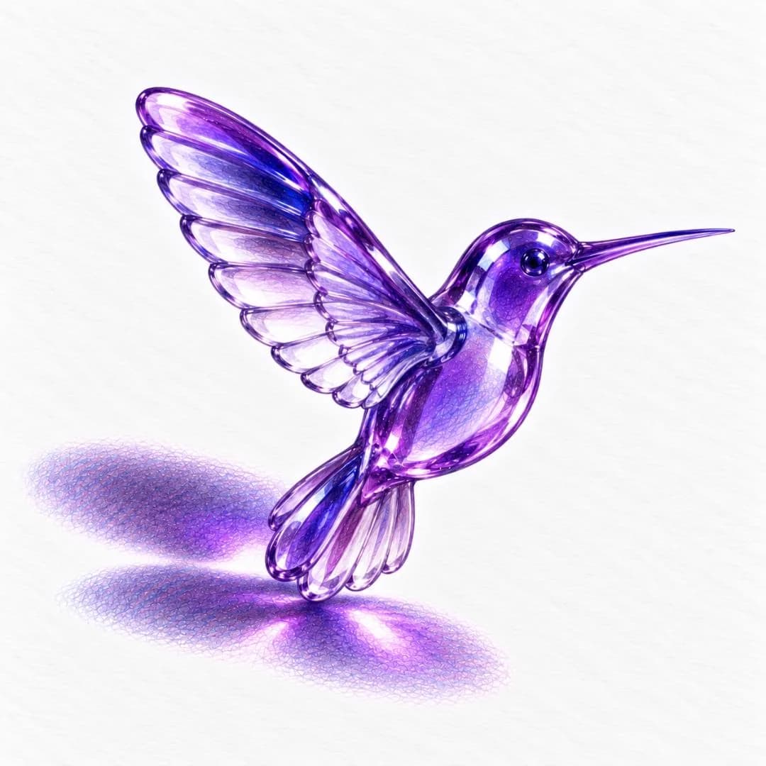 A purple glass hummingbird in flight drawn in colored pencil