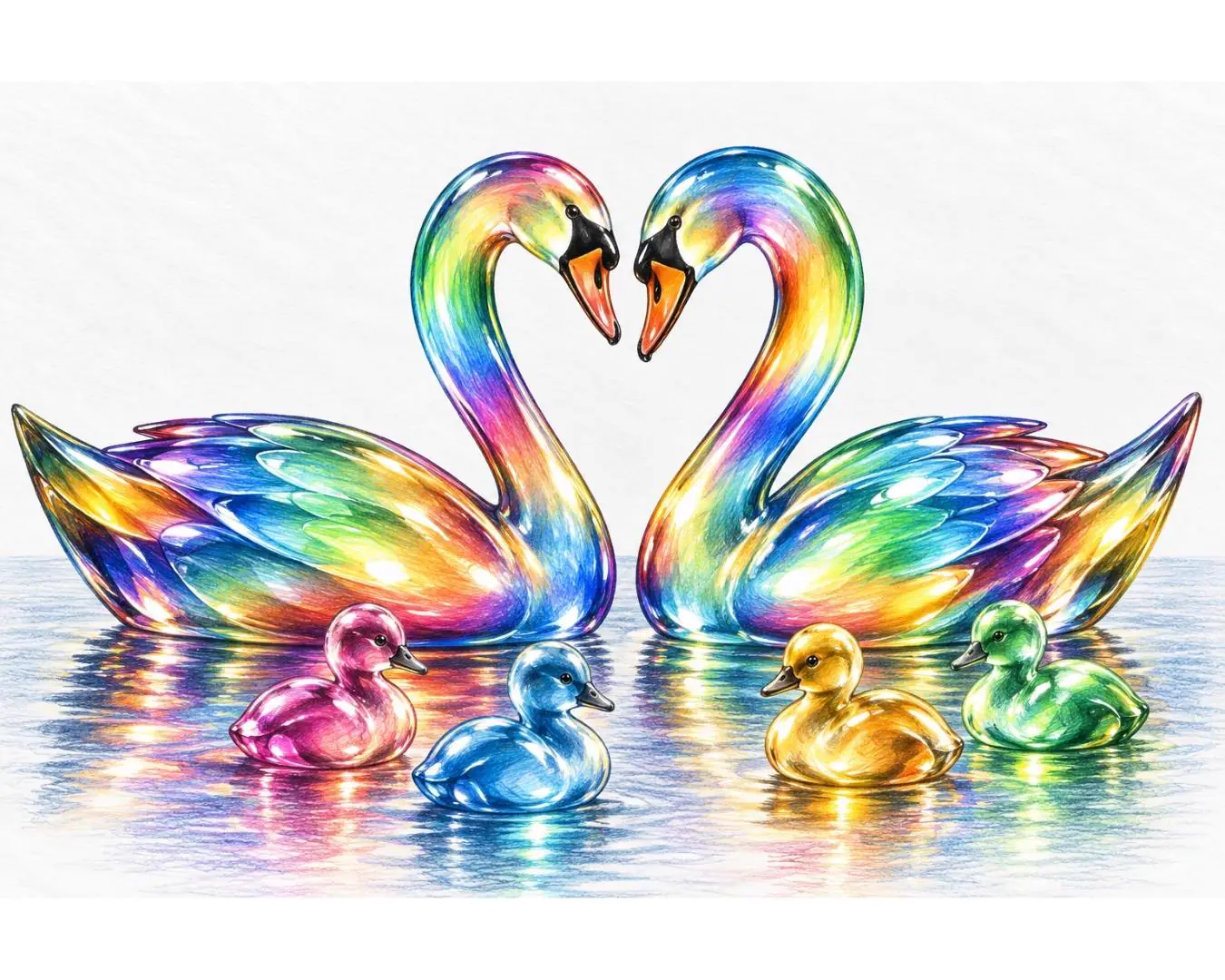 Two rainbow glass swans facing each other with their necks forming a heart, four small glass cygnets on the water beside them