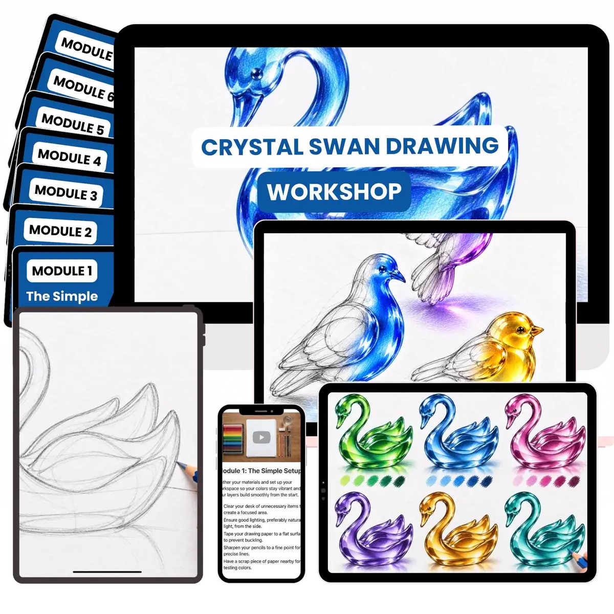 The Crystal Swan Drawing Workshop shown on a desktop, tablet, and phone, with all seven module cards