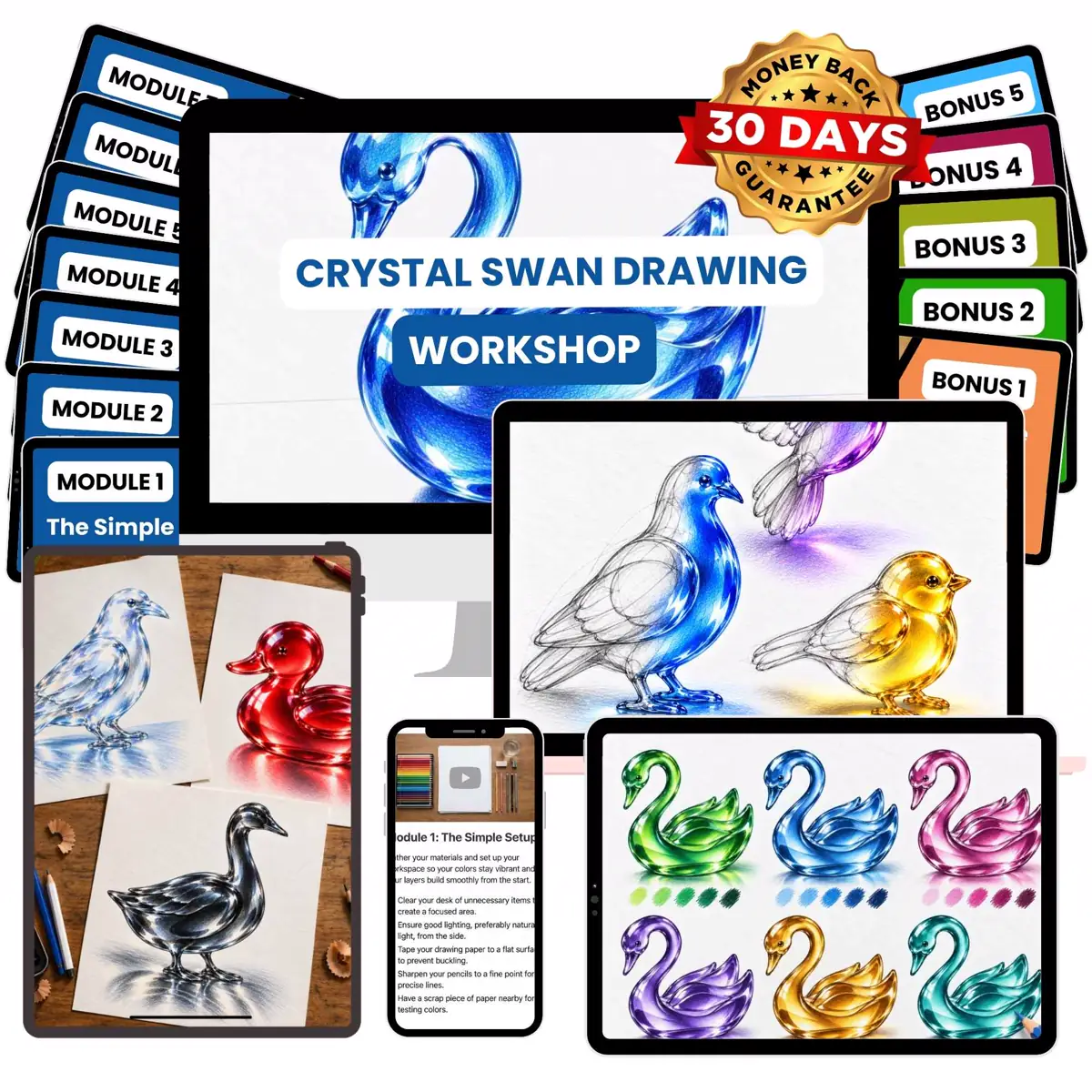The Crystal Swan Drawing Workshop with all its modules and bonuses shown together