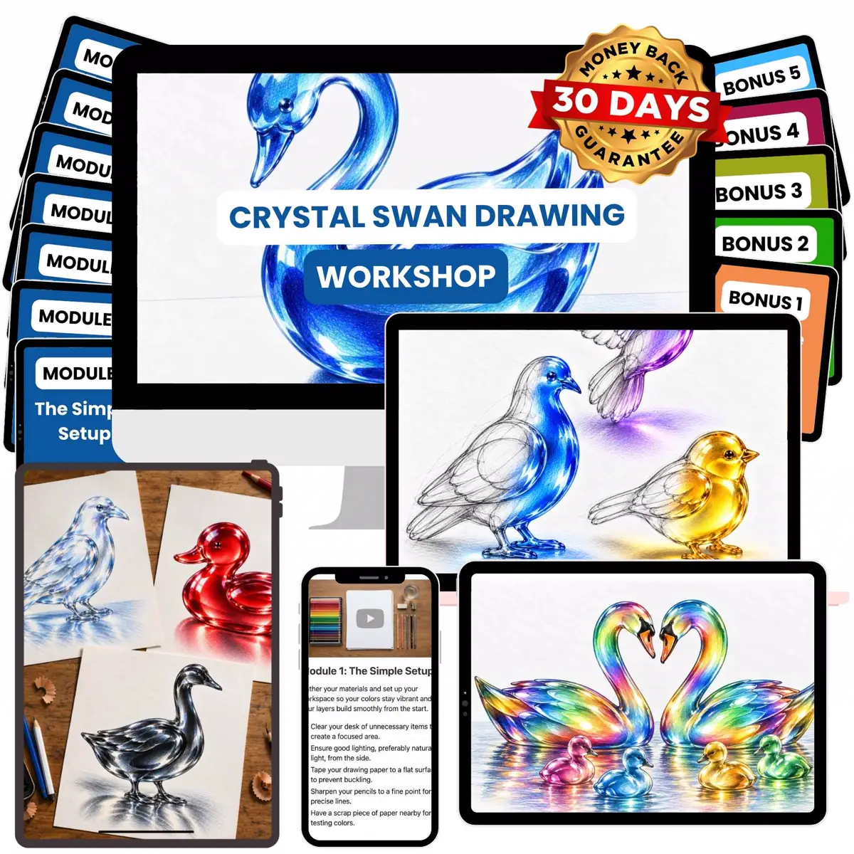 The Crystal Swan Drawing Workshop with all its modules and bonuses shown together