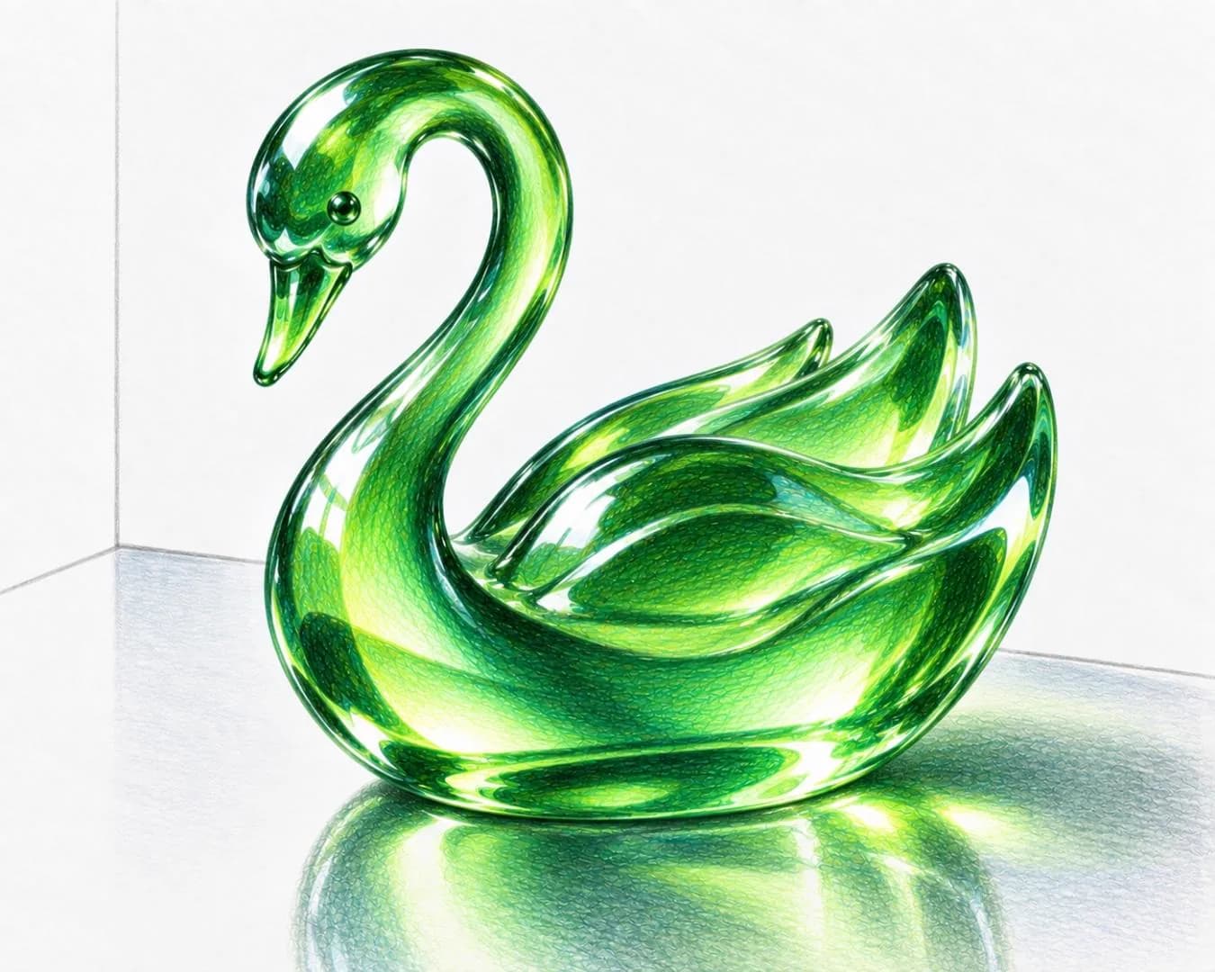 A green glass swan drawn in colored pencil, light passing through the body and a soft reflection beneath it
