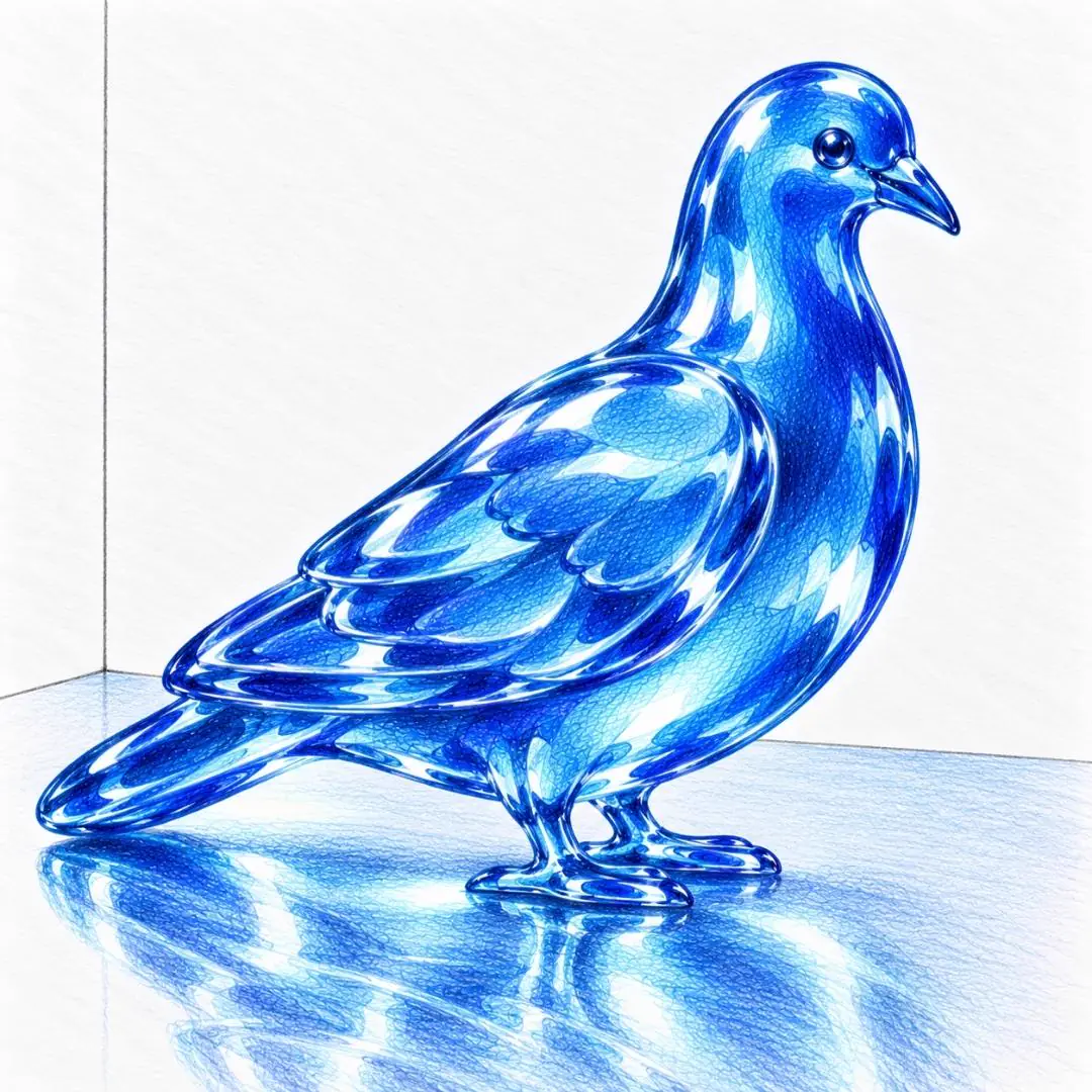 A blue glass pigeon drawn in colored pencil