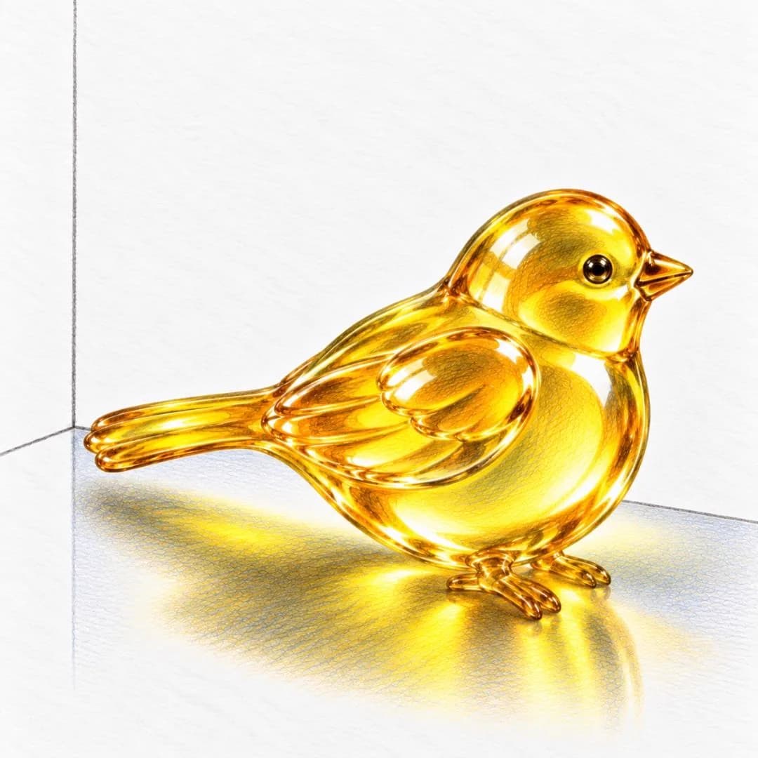 A golden glass sparrow drawn in colored pencil